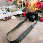 The Joy Of The Lord Nehemiah 8:10 Forest Green full-grain leather camera strap, Christian scripture gift