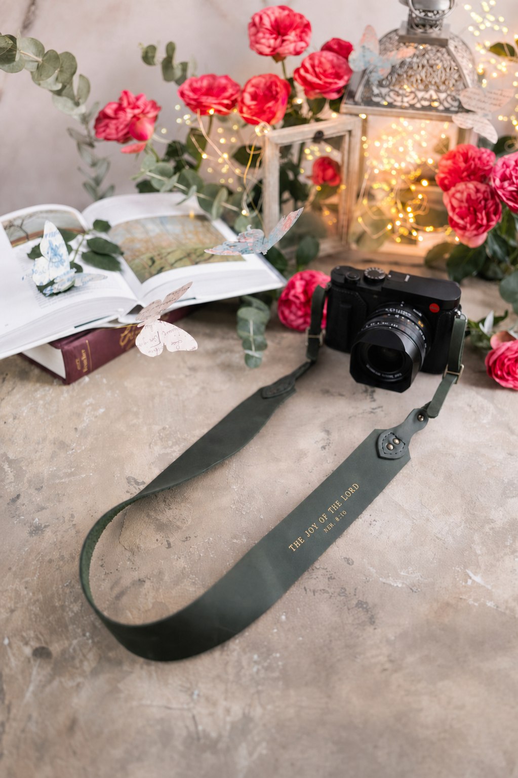 The Joy Of The Lord Nehemiah 8:10 Forest Green full-grain leather camera strap, Christian scripture gift