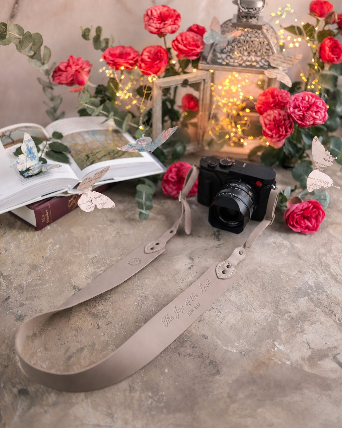 The Joy Of The Lord Nehemiah 8:10 Gray Sand full-grain leather camera strap, Christian scripture gift