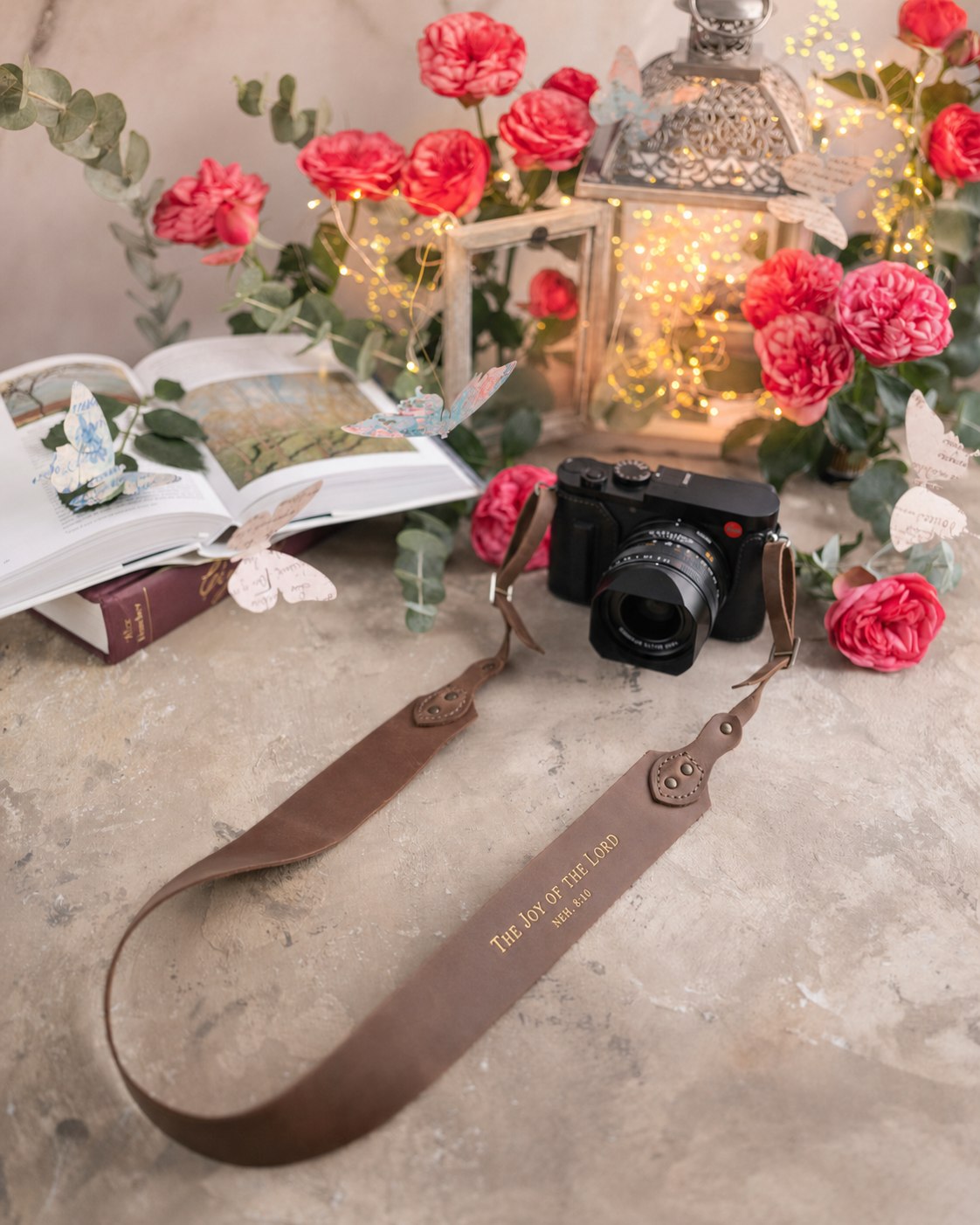 The Joy Of The Lord Nehemiah 8:10 Sicilian Brown full-grain leather camera strap, Christian scripture gift