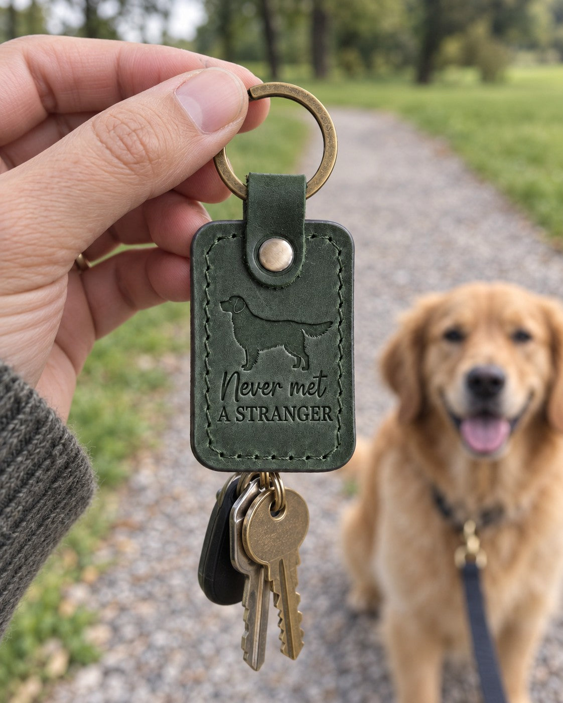 Green Never Met a Stranger keychain held in a park while a smiling golden retriever sits on a leash behind