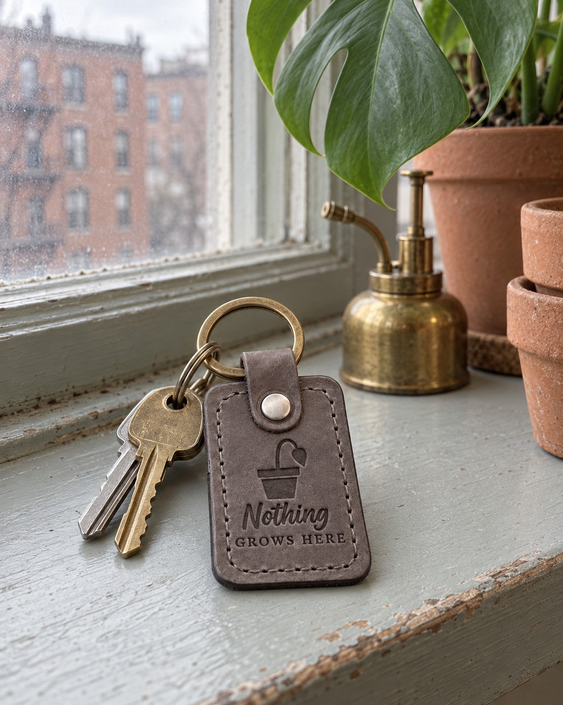 Gray Nothing Grows Here keychain on a windowsill beside a small empty terracotta pot