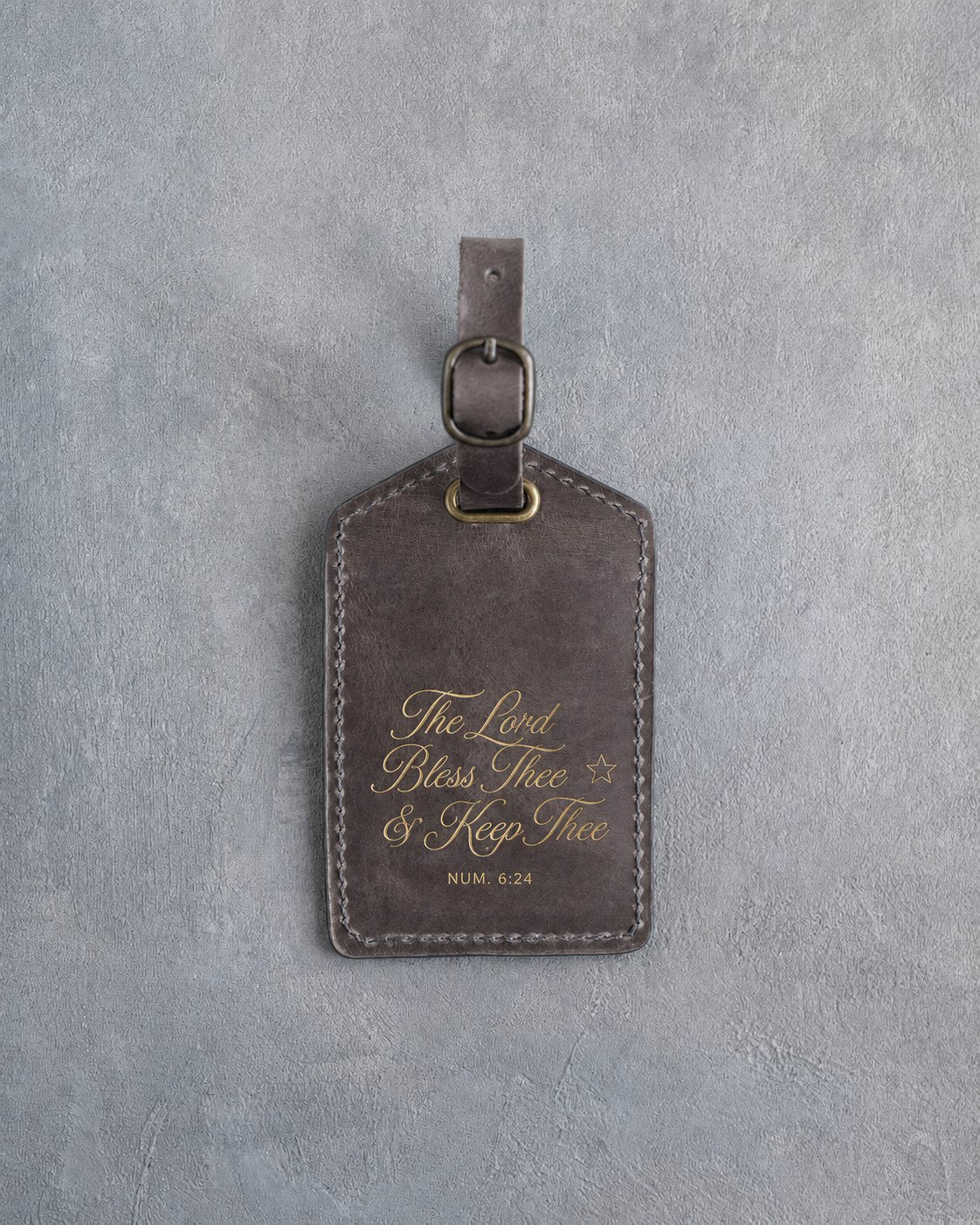 The Lord Bless Thee & Keep Thee Num. 6:24 Country Gray full-grain leather luggage tag, Christian scripture gift
