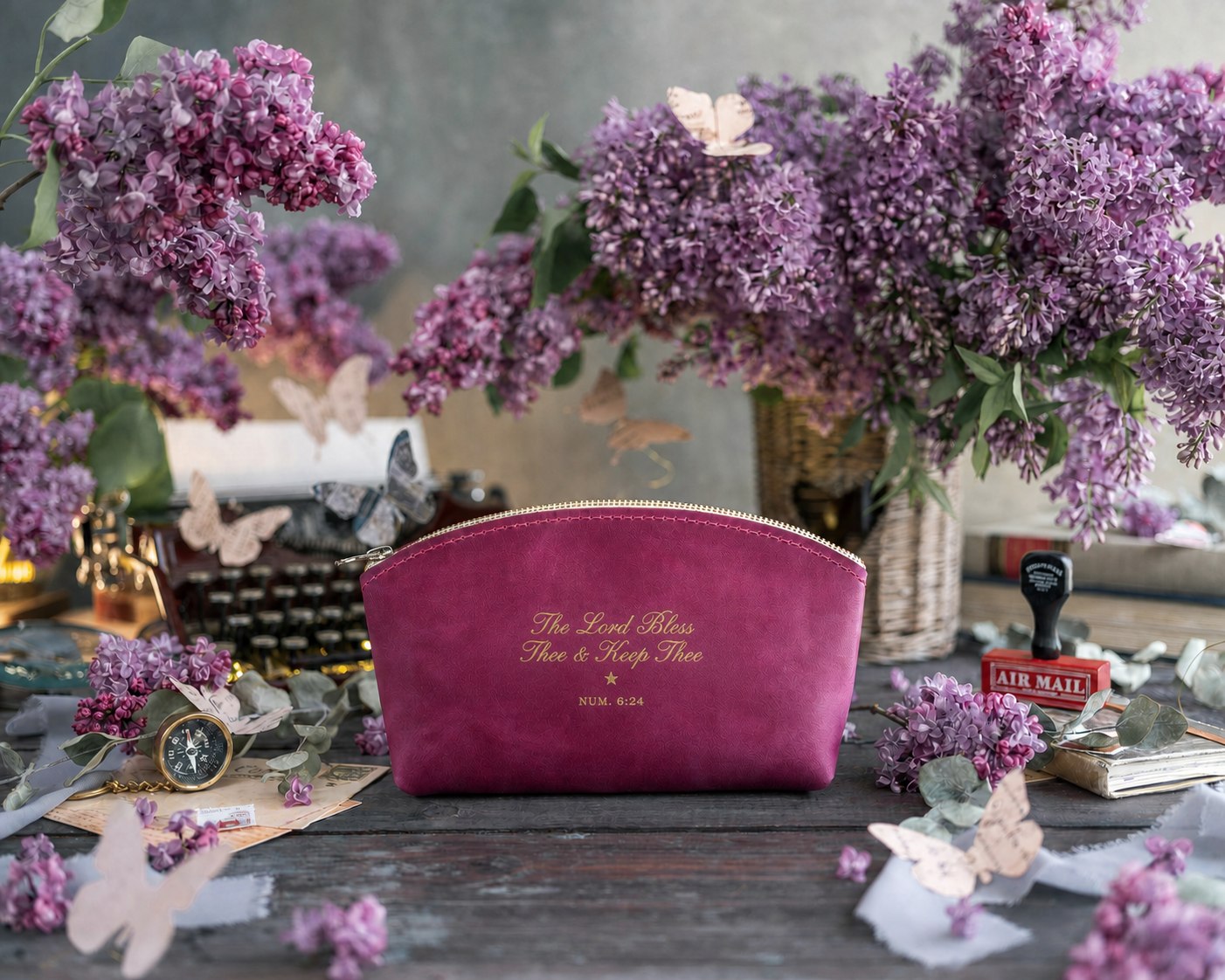 The Lord Bless Thee & Keep Thee Num. 6:24 Fuchsia full-grain leather makeup bag, Christian scripture gift