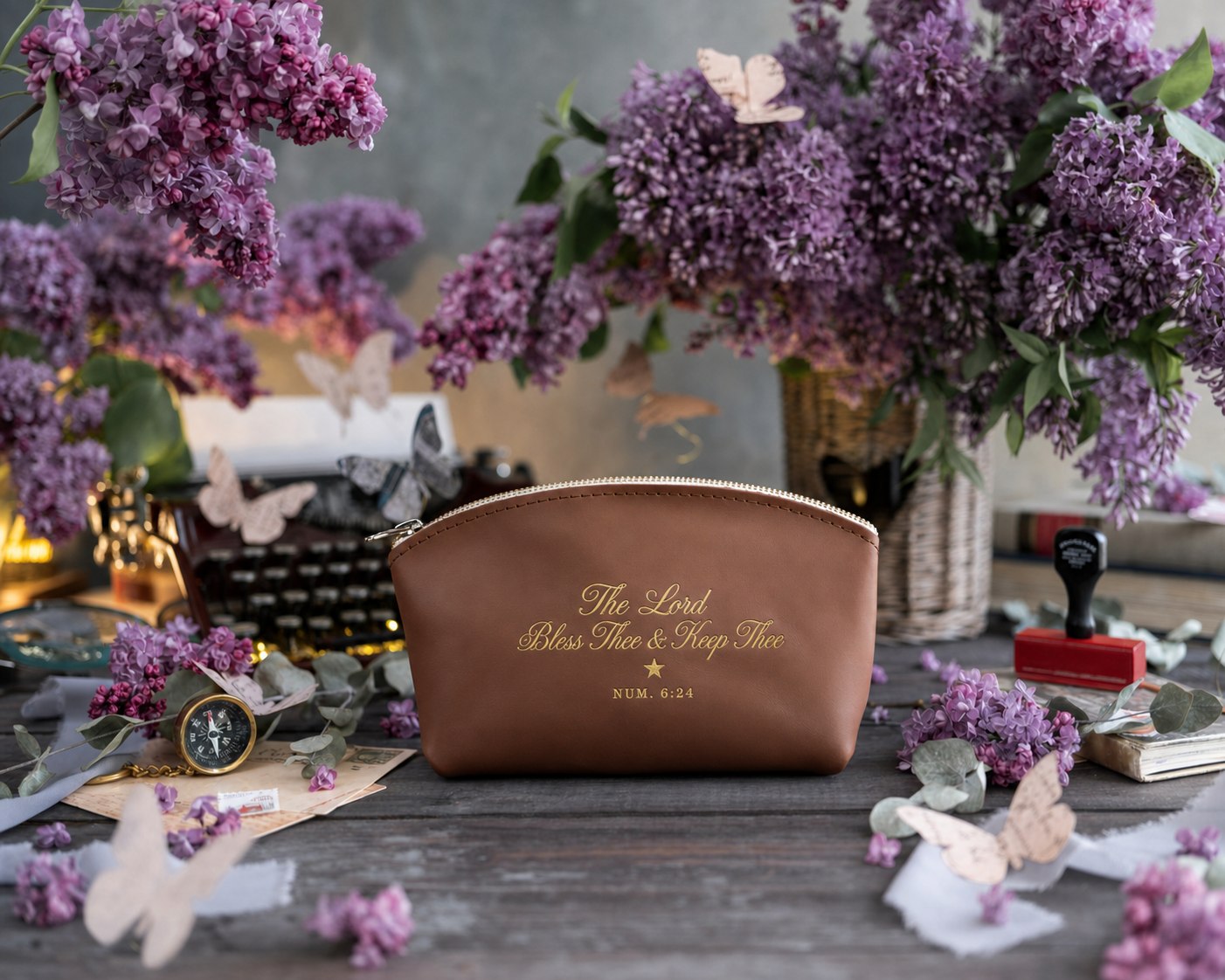 The Lord Bless Thee & Keep Thee Num. 6:24 full-grain leather makeup bag, Christian scripture gift