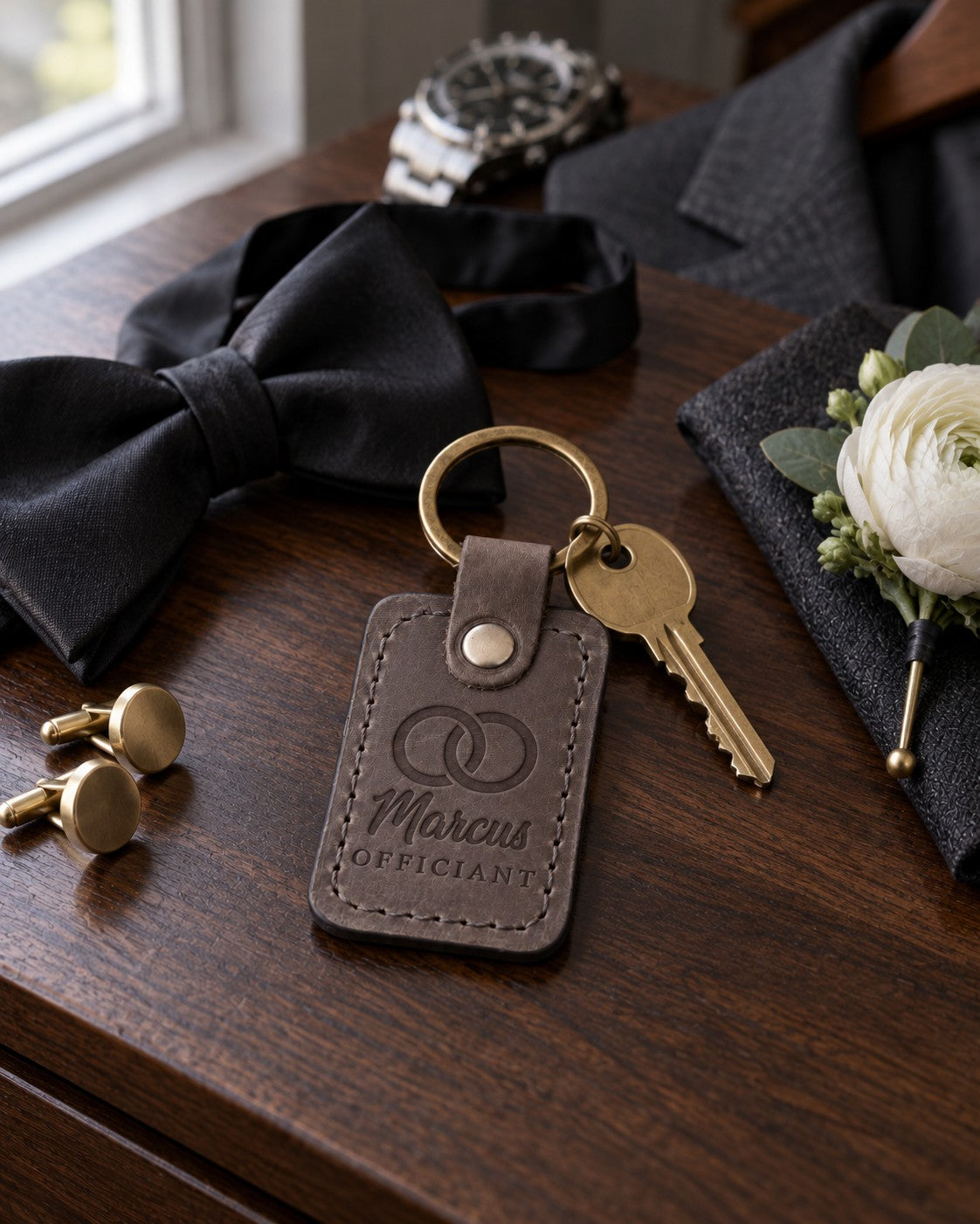 Marcus OFFICIANT keychain in gray leather on a dark walnut dresser beside a wristwatch on the wedding morning