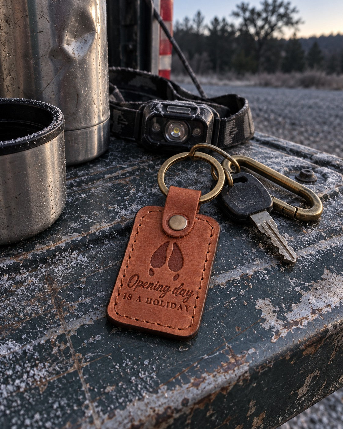Opening Day keychain in tan leather on truck keys beside a steel thermos on a dashboard before dawn