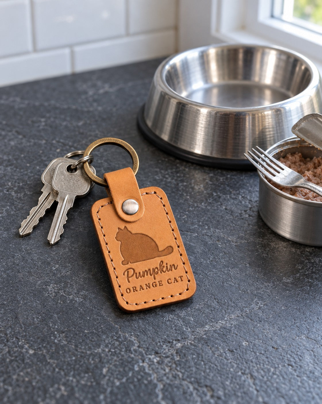 Pumpkin ORANGE CAT keychain in amber leather on a sunlit kitchen counter