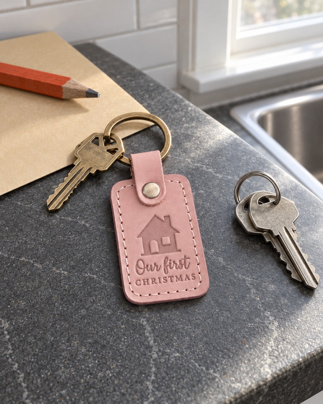 Pink Our First Christmas keychain on a new house key resting under a small Christmas tree in an empty living room