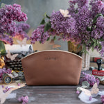 Makeup Bag In Caramel Leather with hand-finished detailing