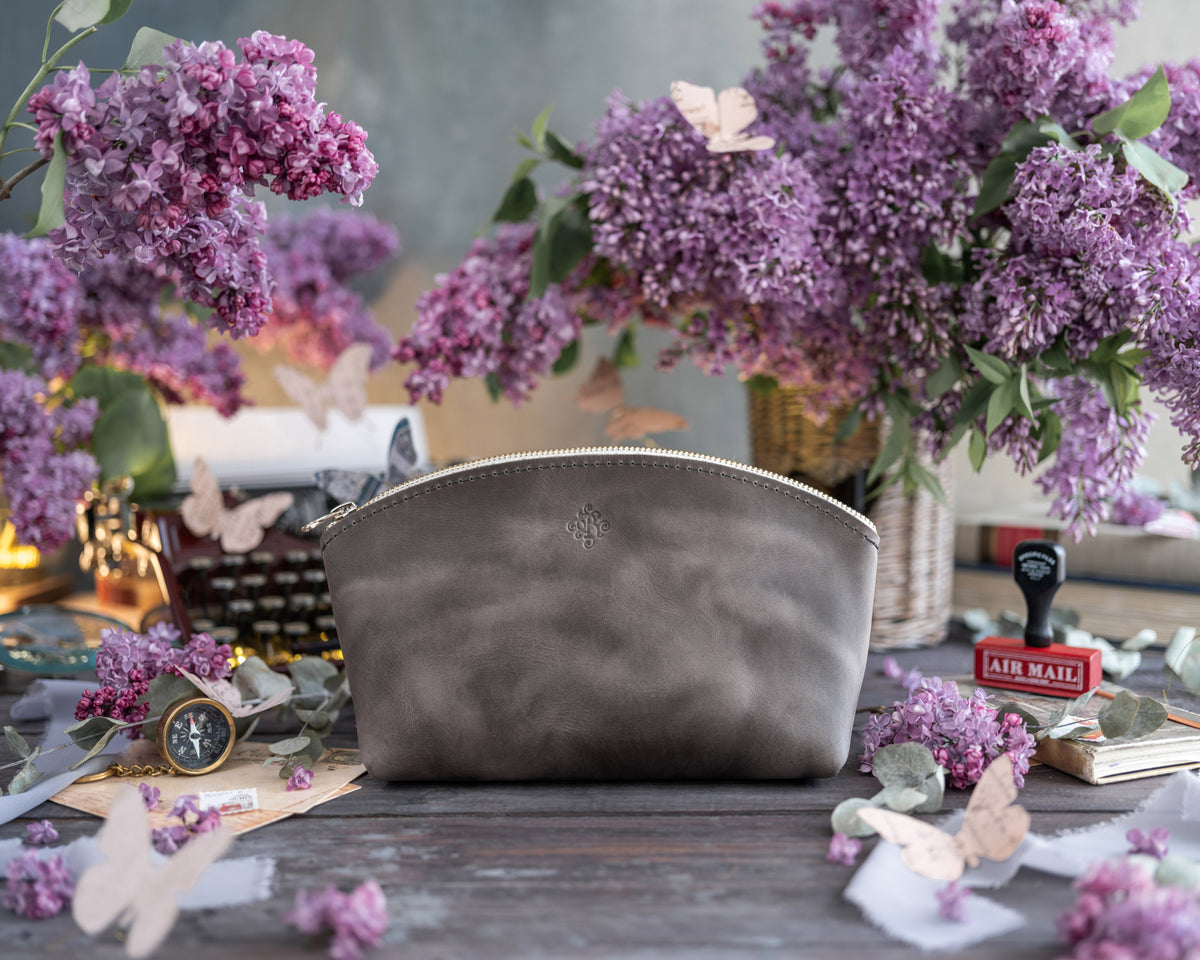Makeup Bag In Country Gray Leather with hand-finished detailing