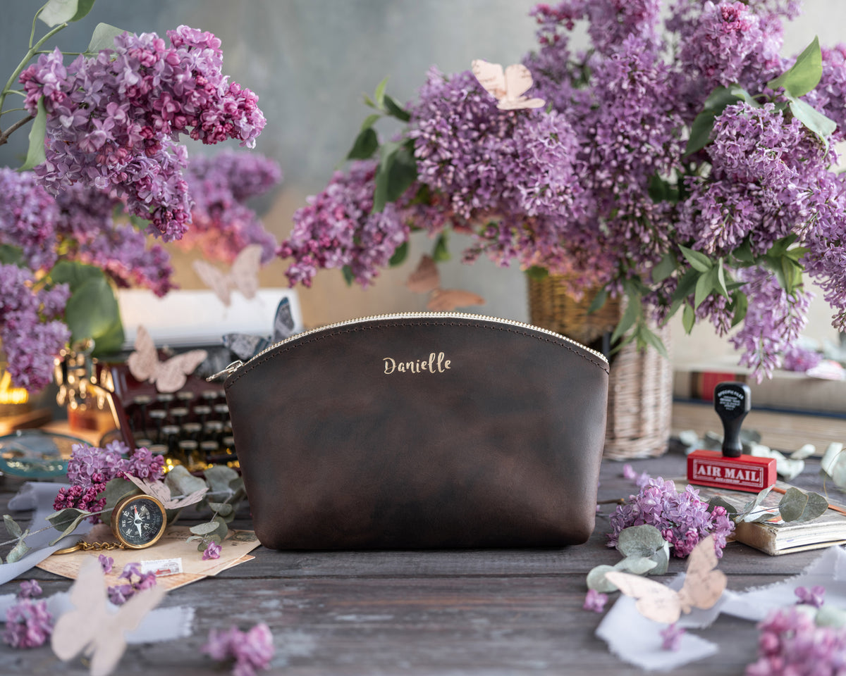 Makeup Bag In Dark Espresso Leather with hand-finished detailing