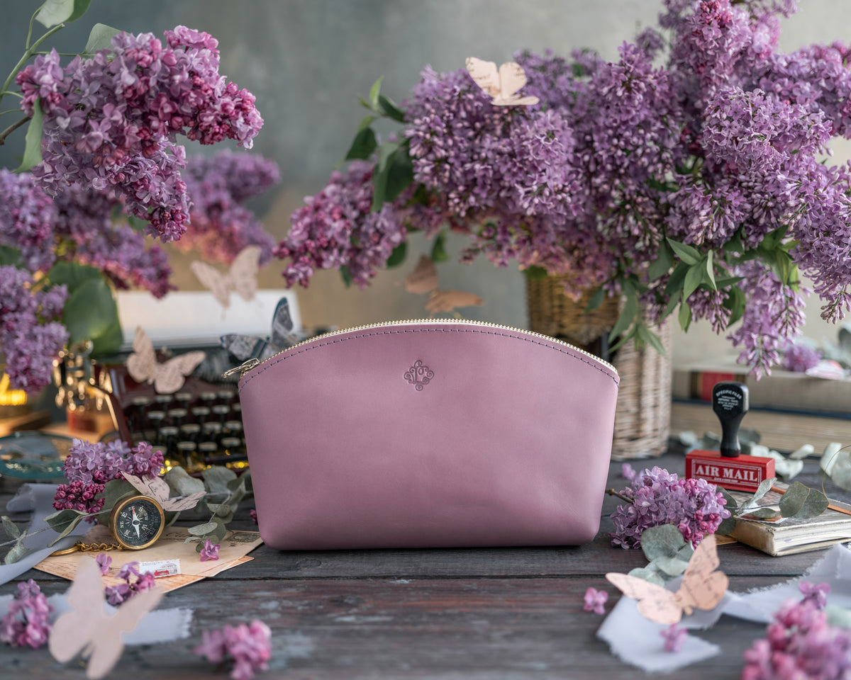 Makeup Bag In Lilac Leather with hand-finished detailing