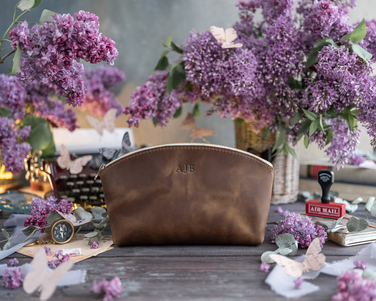 Makeup Bag In Sicilian Brown Leather with hand-finished detailing