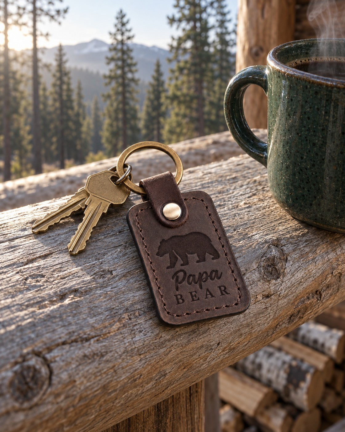 Papa Bear keychain in dark brown leather on car keys held in a man's hand on a gravel driveway