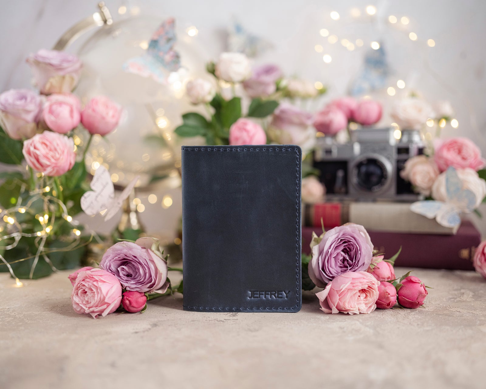 Personalized Passport Cover / Travel Wallet In Blueberry Leather