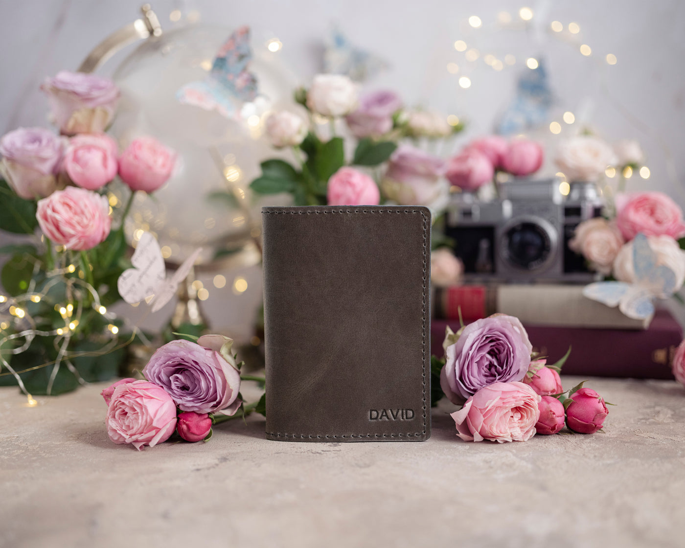 Personalized Passport Cover / Travel Wallet In Country Gray Leather
