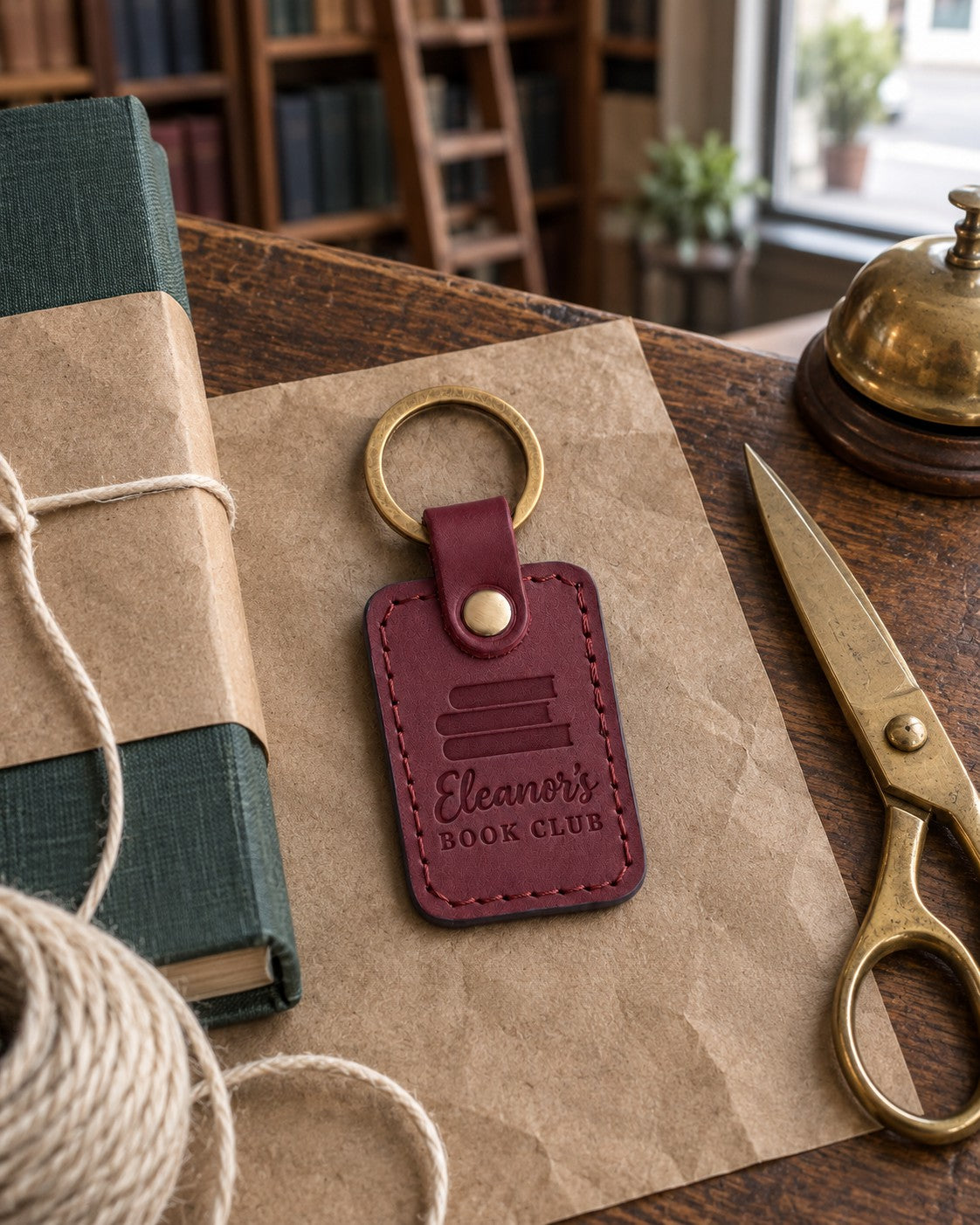 Wine red Eleanor's BOOK CLUB keychain on kraft paper beside a book half wrapped with cotton string
