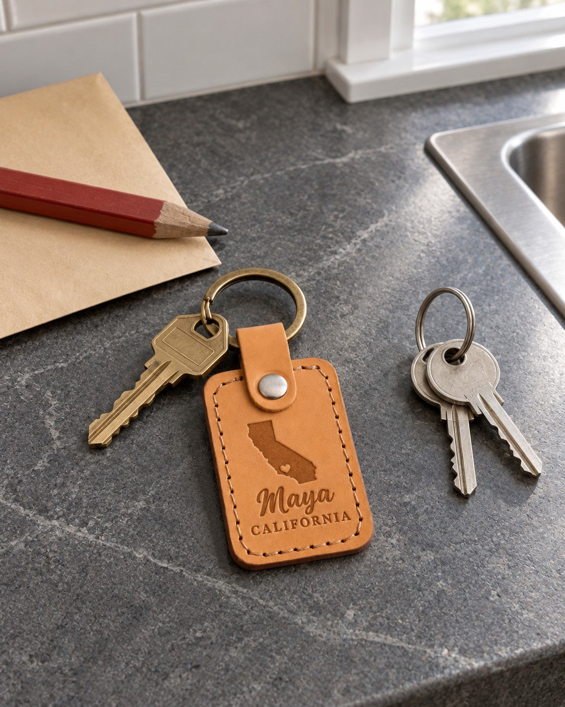 Maya California keychain in golden tan leather clipped to a beach tote on a sunny boardwalk bench