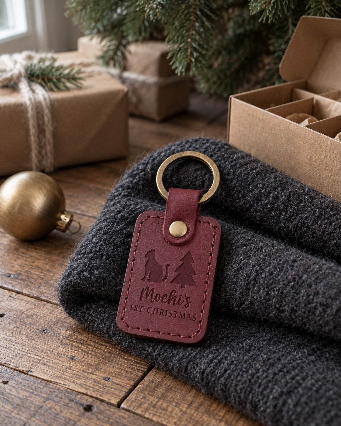 Mochi's 1ST CHRISTMAS keychain in wine red leather hanging from a Christmas tree branch