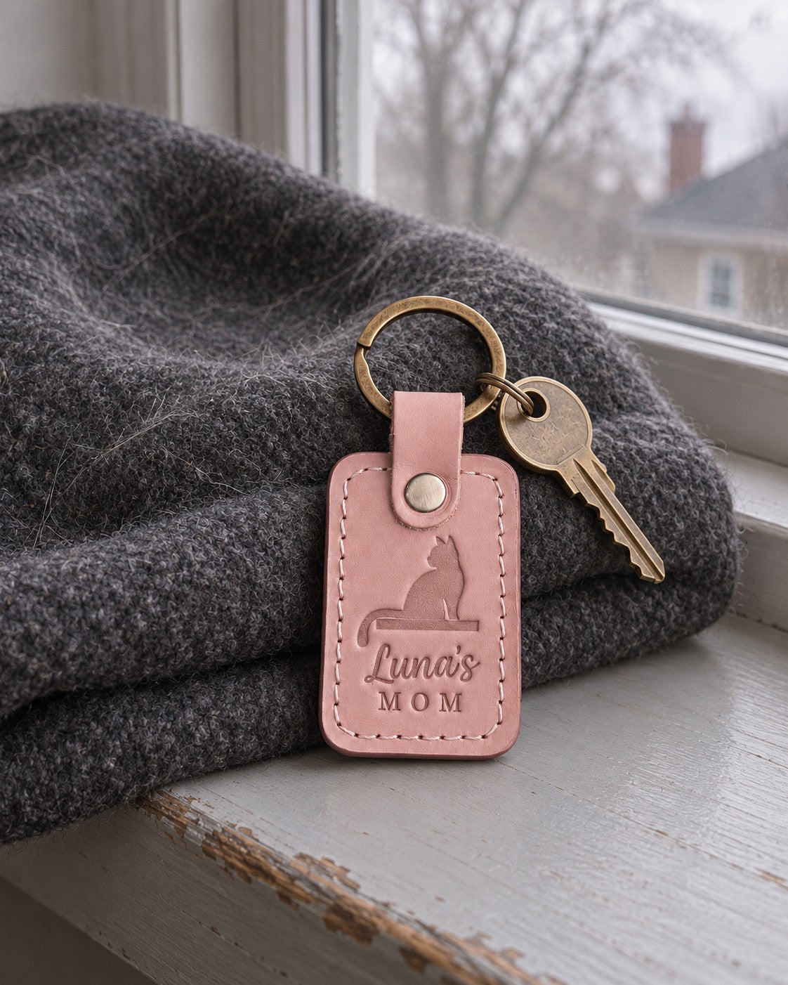 Luna's MOM keychain in blush leather on a ring of house keys resting on a sunny windowsill