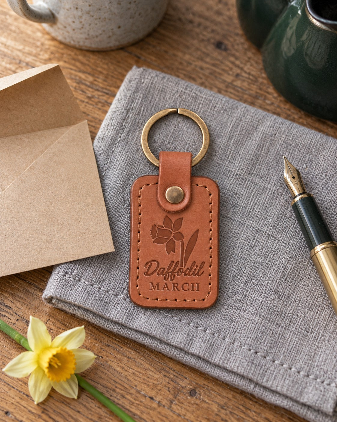 Caramel Daffodil March keychain beside a small vase of yellow daffodils on a kitchen table