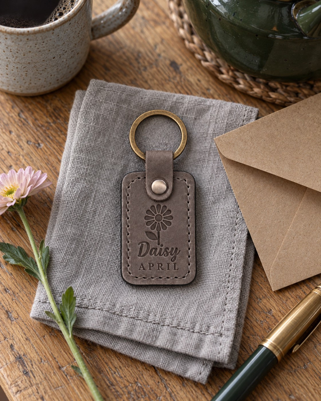 Gray Daisy April keychain on a wooden windowsill beside a jar of white garden daisies