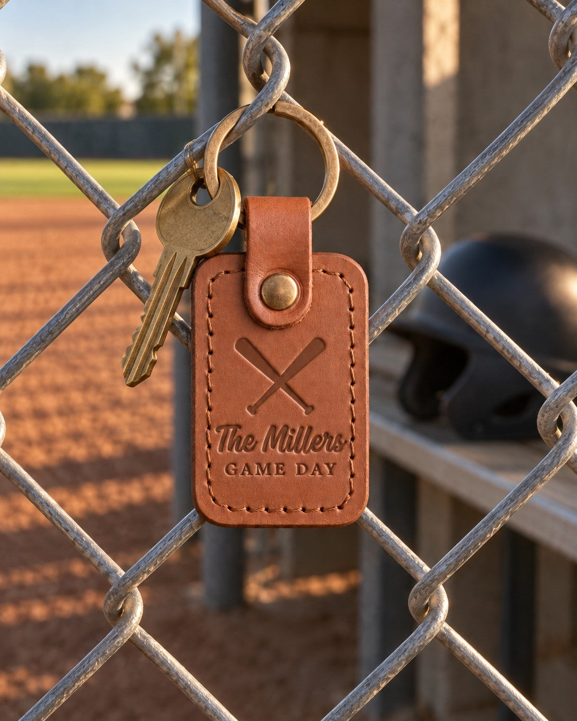 Caramel The Millers GAME DAY keychain hanging on a chain-link dugout fence above a raked infield