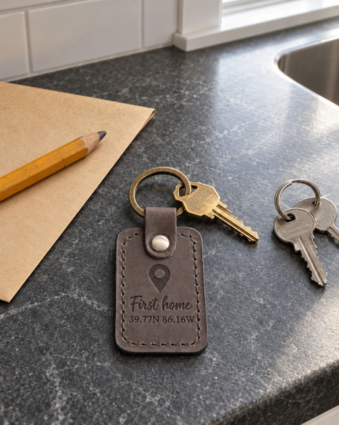 Gray First Home coordinates keychain on a new set of house keys held at an open front door