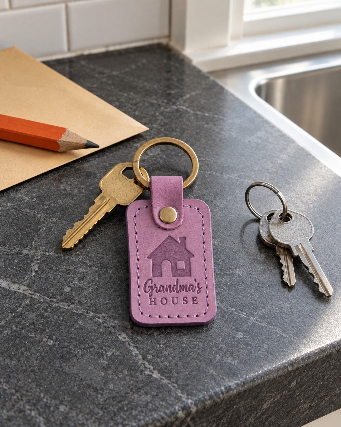 Lilac Grandma's House keychain on a front door key beside a wreath and a plate of cookies