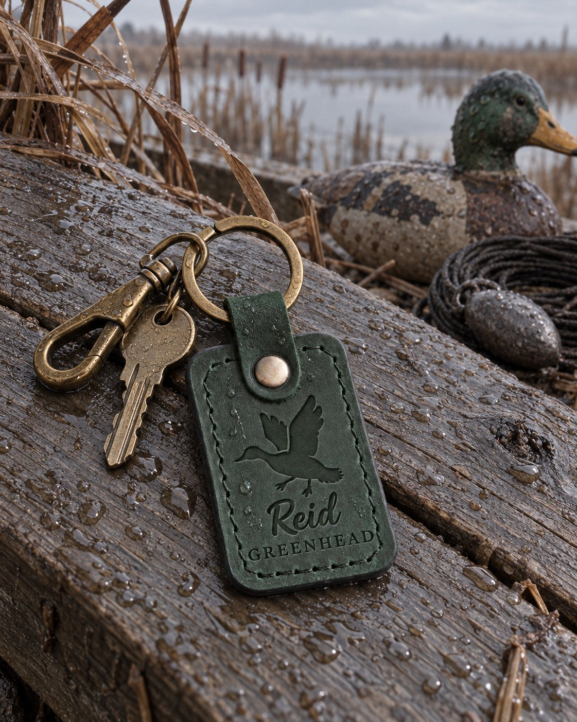 Reid GREENHEAD keychain in forest green leather on a blind bag zipper beside a wooden duck call