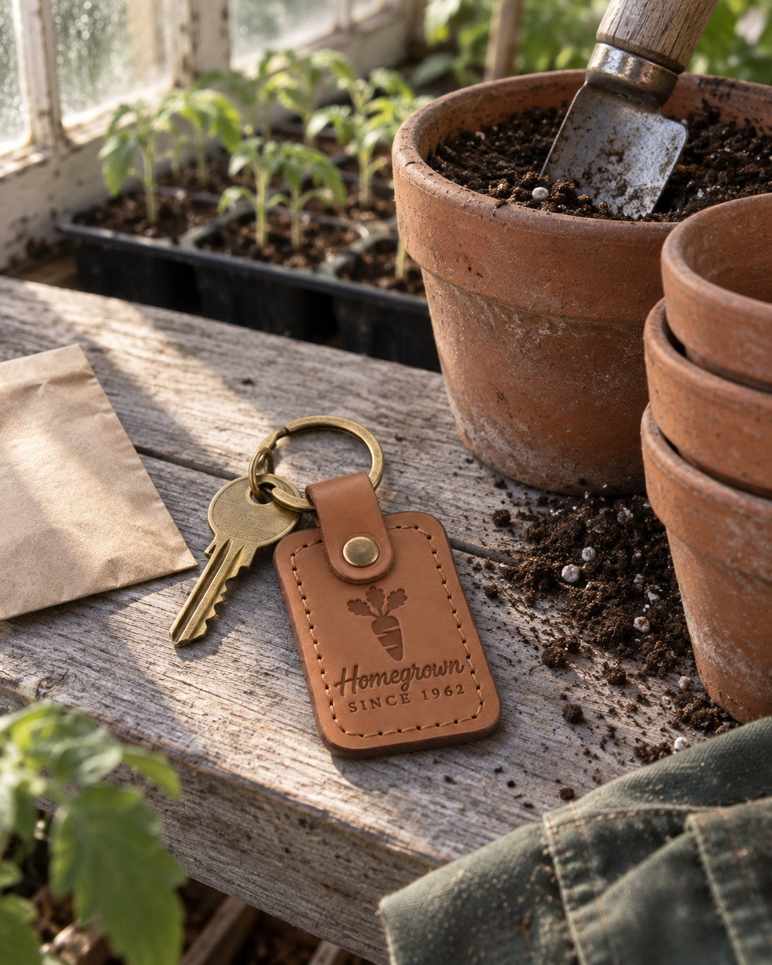 Caramel Homegrown Since keychain on a garden bench beside a bunch of freshly pulled carrots