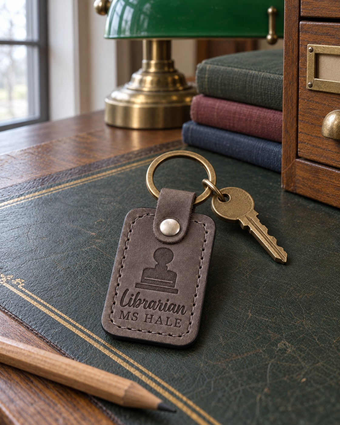 Gray Librarian MS HALE keychain on a reading-room desk beside a wooden card catalogue drawer