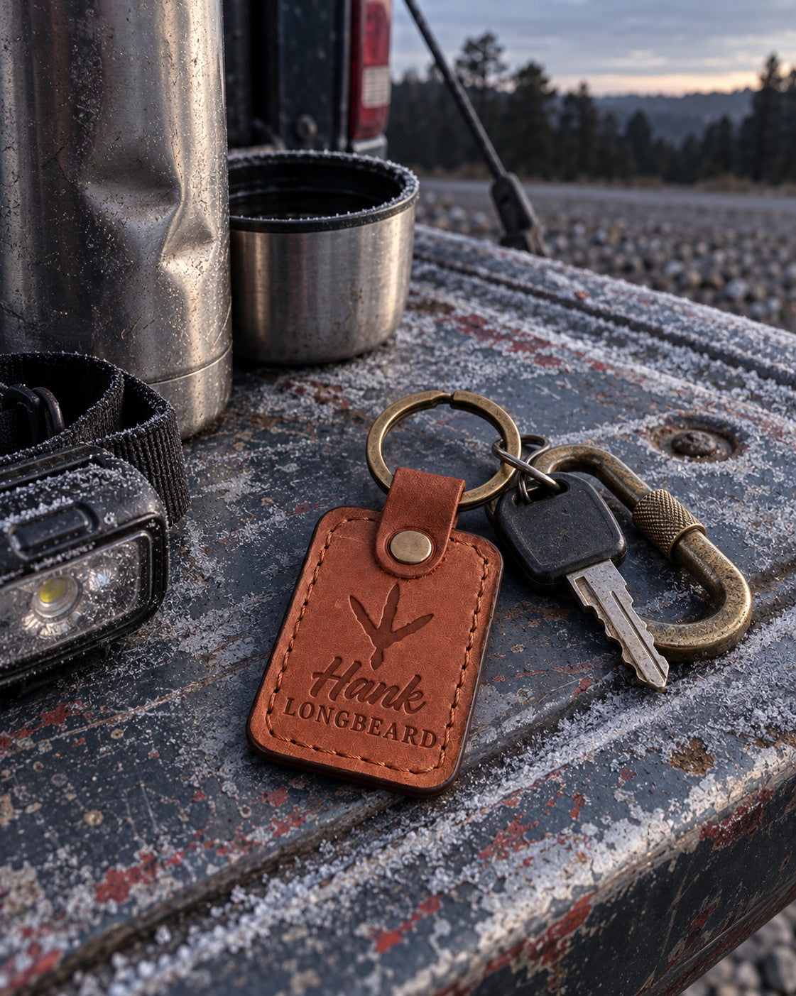 Hank LONGBEARD keychain in tan leather resting on a turkey vest beside a box call on an oak stump