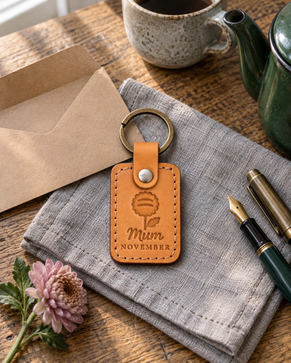 Golden tan Mum November keychain on a porch step beside a pot of bronze chrysanthemums
