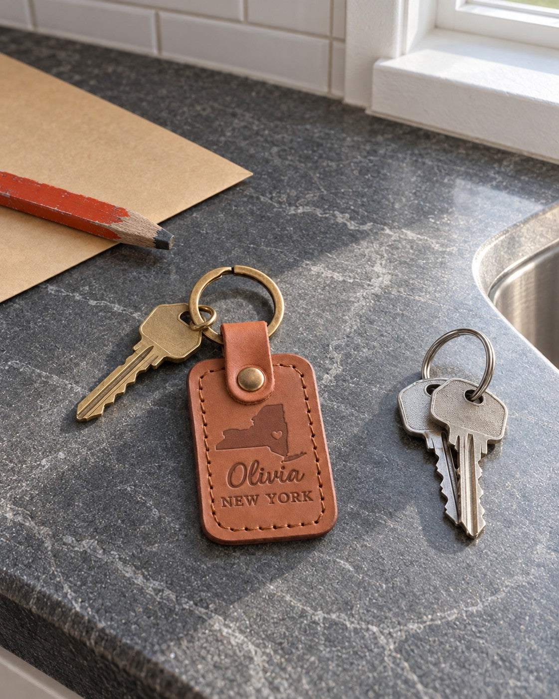 Olivia New York keychain in caramel leather on car keys resting on a picnic table by a lake in autumn