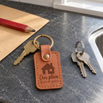 Caramel Our Place Since keychain on house keys hanging in the lock of a freshly painted front door