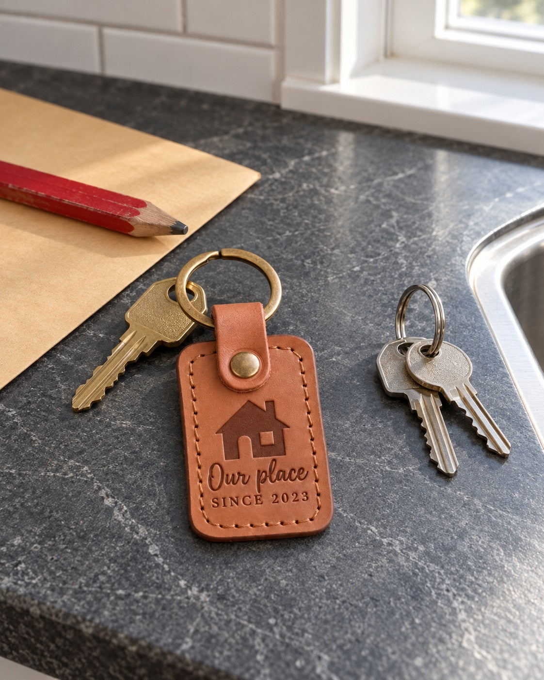 Caramel Our Place Since keychain on house keys hanging in the lock of a freshly painted front door