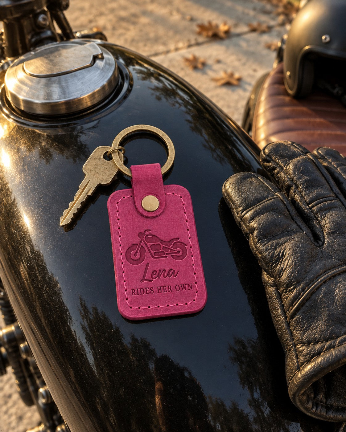Fuchsia Lena RIDES HER OWN motorcycle keychain on a key ring beside a riding helmet