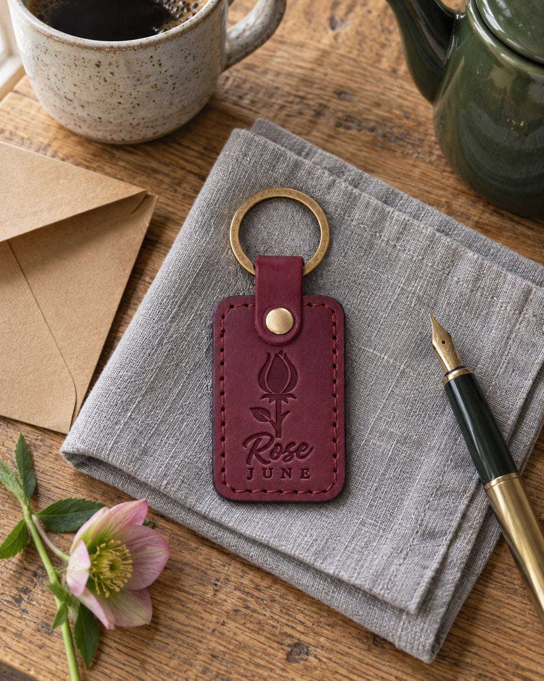 Wine red Rose June keychain on a ring of keys beside a single red rose on a white linen tablecloth