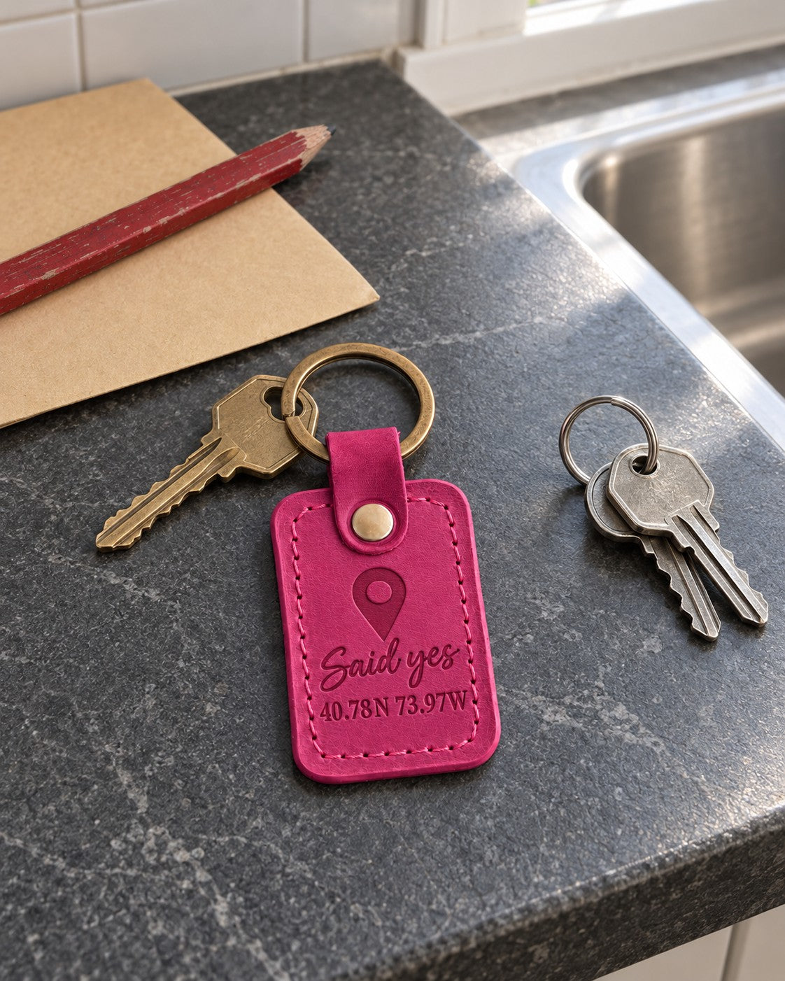 Pink Said Yes coordinates keychain in an open gift box on a park bench beside a bouquet