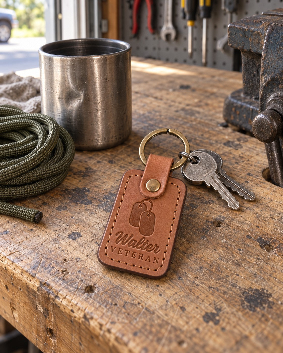Walter VETERAN keychain in caramel leather on a set of truck keys resting on a folded flannel shirt