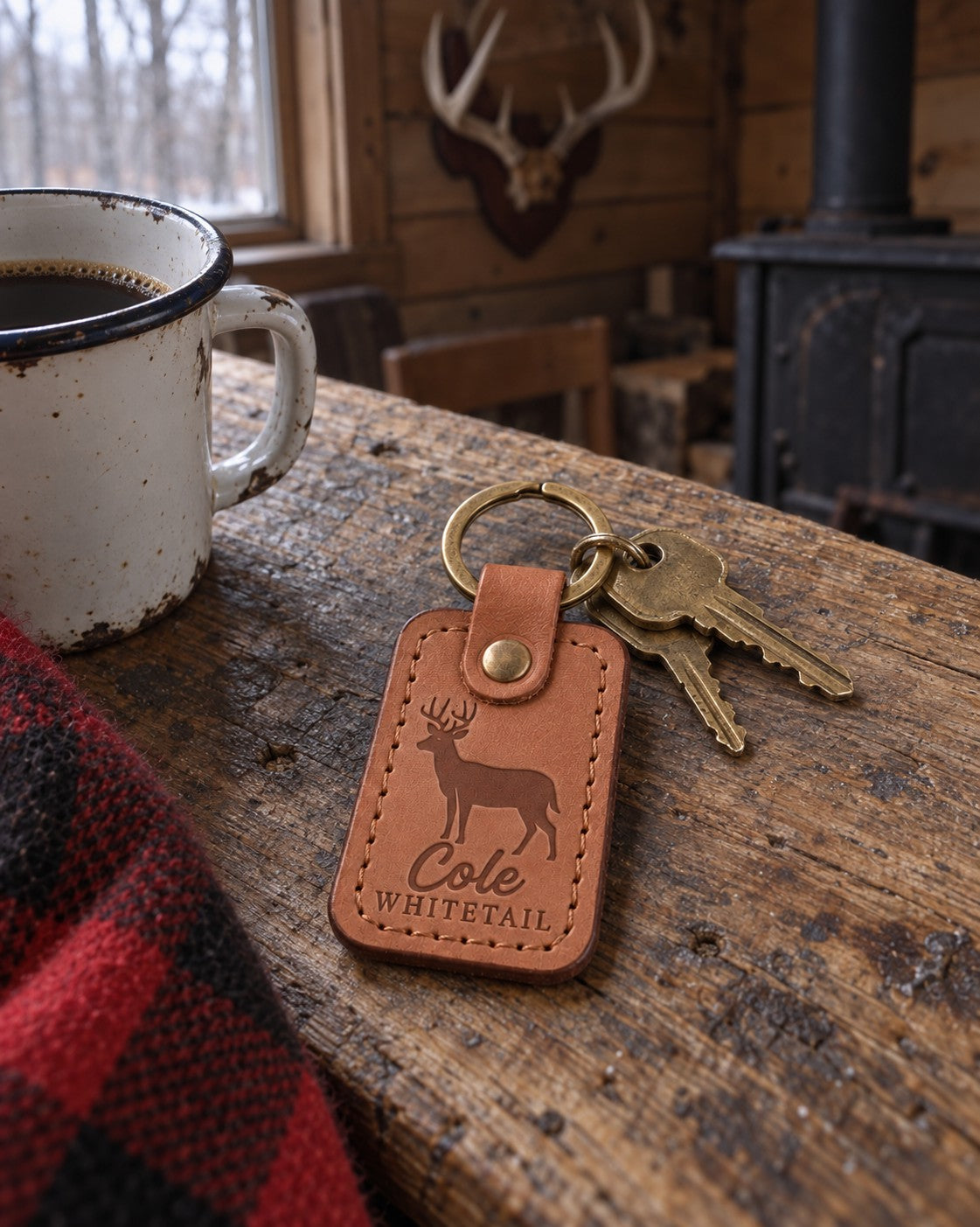 Cole WHITETAIL keychain in caramel leather on a key ring resting on a camouflage jacket sleeve in morning light
