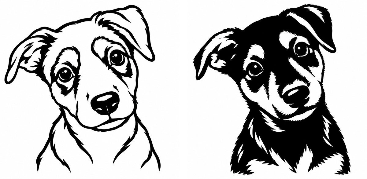 Two portrait styles drawn from one photo for engraving: a line drawing and a woodcut of a puppy