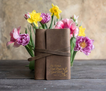 Philippians 1:6 leather journal – "he which hath begun a good work" bible verse gift