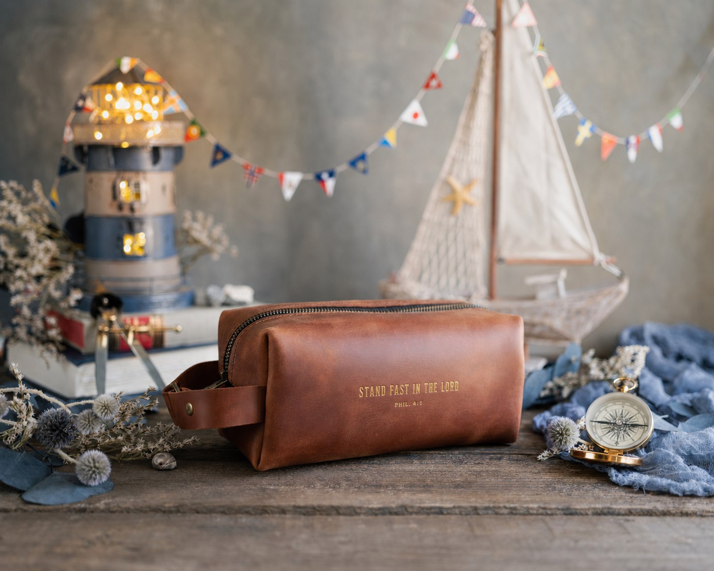 Stand Fast In The Lord Philippians 4:1 Arizona full-grain leather dopp kit, Christian scripture gift