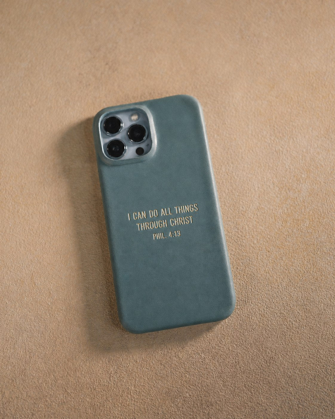 Phil. 4:13 handcrafted leather iPhone case, Christian scripture gift