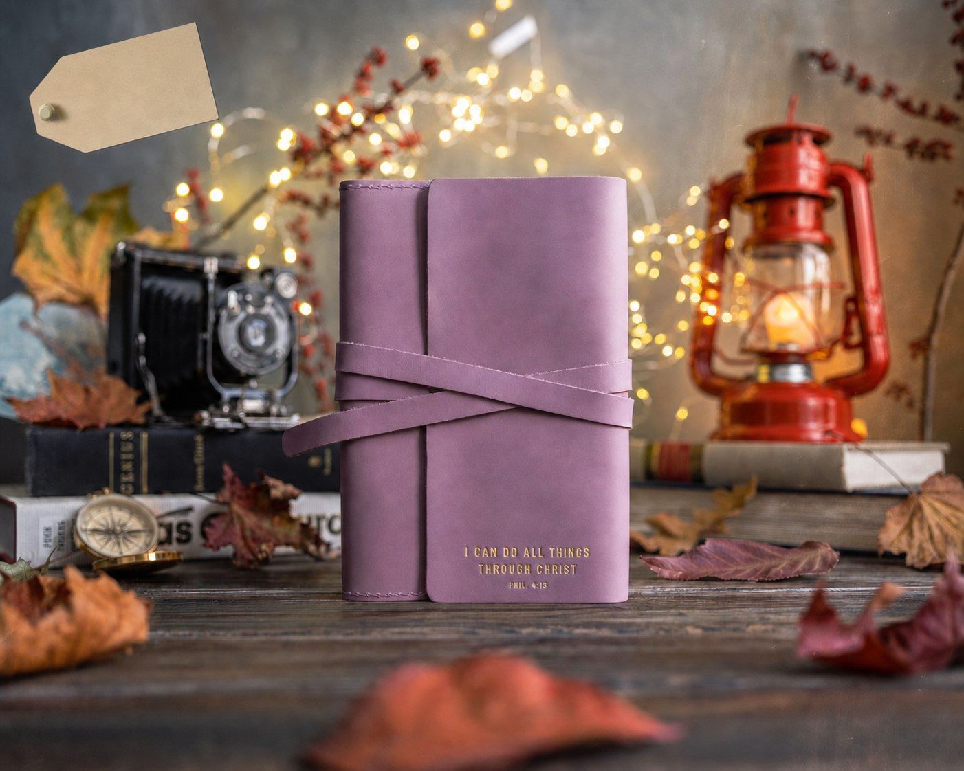 Phil. 4:13 Lilac handcrafted leather journal, Christian scripture gift