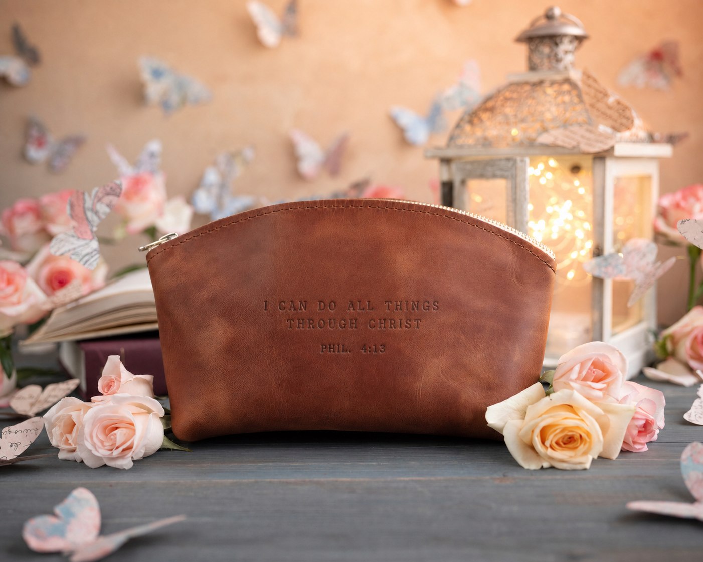 Phil. 4:13 Arizona full-grain leather makeup bag, Christian scripture gift