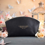 Phil. 4:13 Black full-grain leather makeup bag, Christian scripture gift